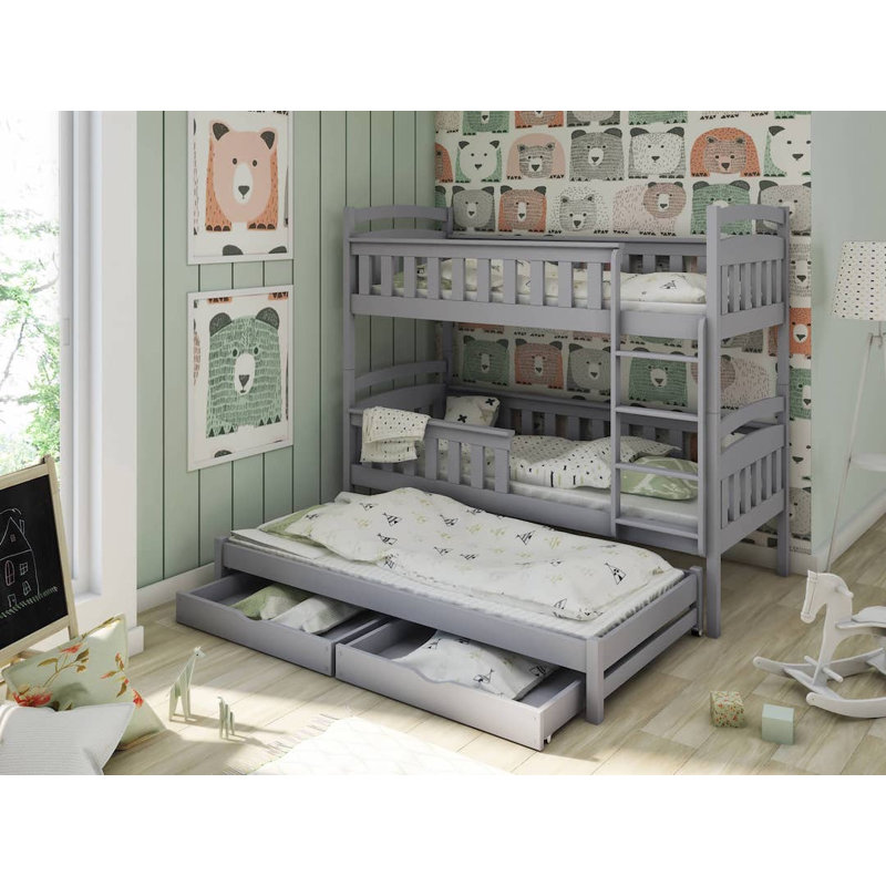 Remmy Kids 90 X 190cm Bunk Bed with Trundle with Drawers, Grey