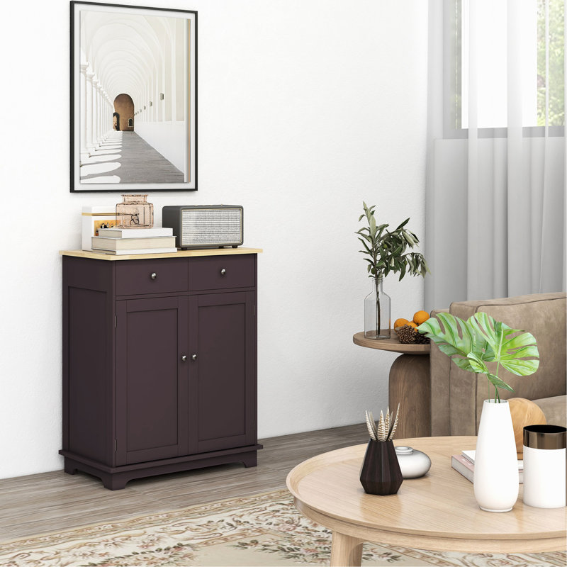 Armoire de cuisine - Buffet de comptoir en bois massif avec 2 tiroirs, portes et tablette réglable de style café