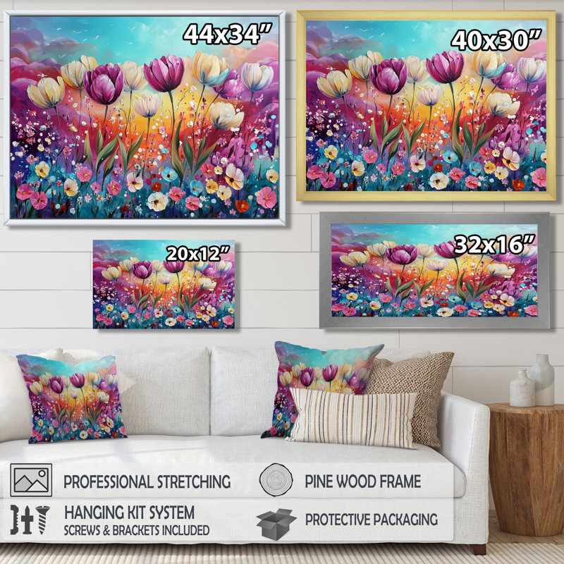 Inisha fantaisie lavande et champ de tulipes I - tulipes, art mural, H 30 po x l 40 po, Ne pas appliquer, Toile tendue