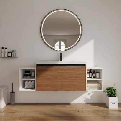 Meuble-lavabo mural avec lavabo en résine et rangement modulaire
