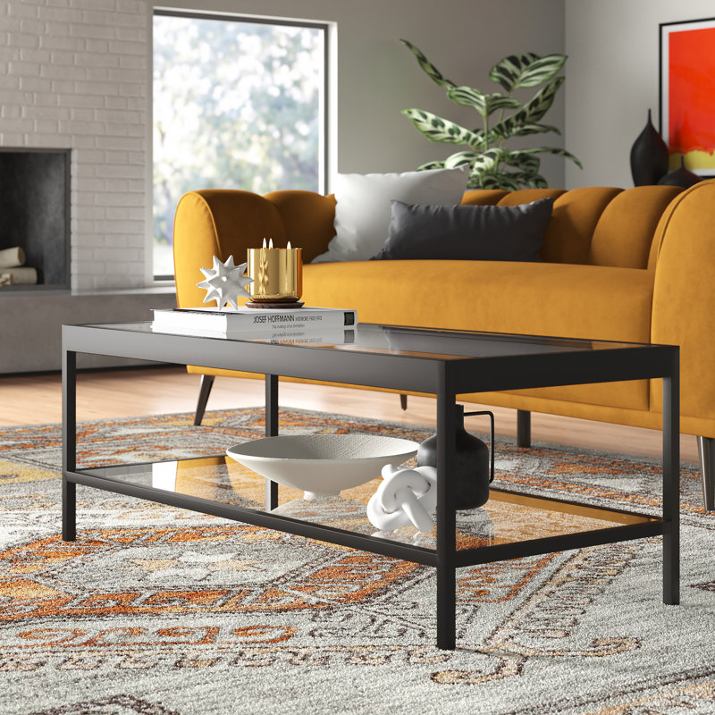 45" Wide Glass Top Coffee Table with Open Lower Shelf — Blackened Bronze Modern Metal Center Table for Living Room | Cleo