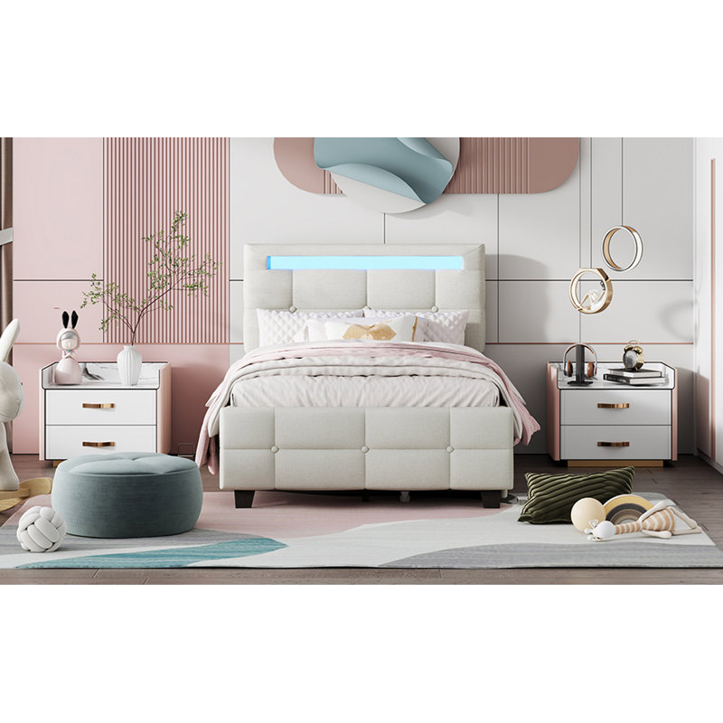 Upholstered Platform Bed With LED Frame and 2 drawers, Twin, Beige