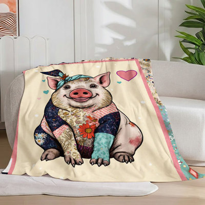 1Pc Cartoon Pig Floral Patchwork Flannel Blanket Cozy Vibrant, Cute, Whimsical For Sofa/Bed/Travel 55*70