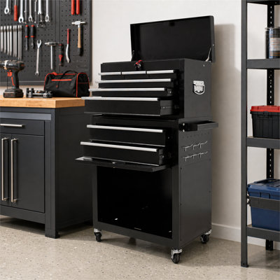 Black heavy-duty eight-drawer mobile utility cart, with a split top box, locking wheels, and side hooks; ideal for garage/workshop storage.