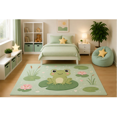 Tapis pour enfants 5 pi x 7 pi Tapis grenouille mignonne, lis, étang, aquarelle, nature, chambre d'enfant, salle de jeux, revêtement en silicone antidérapant, envers à poils courts