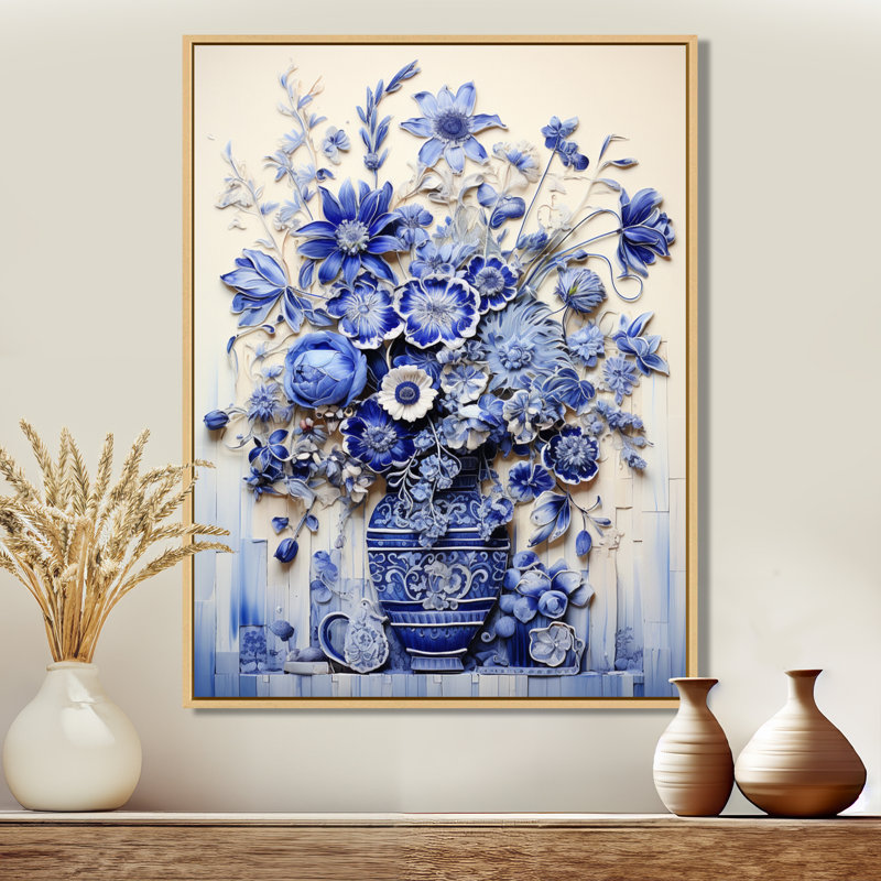 «Blue and White Boho plant Pottery II», impression sur toile Boho Pottery, H 20 po x l 12 po x P 1 po, Cadre flottant brun