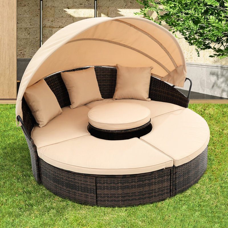 Lit de jour pour patio toutes saisons avec auvent: lit rond et coussins à cadre noir