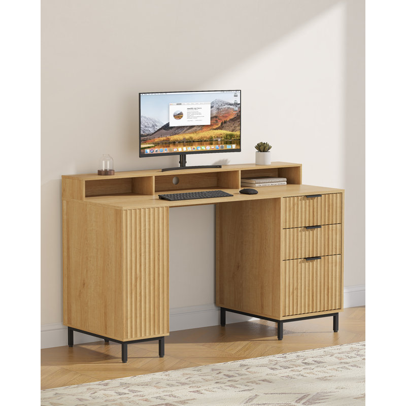 Bureau de direction cannelé 55 "avec tablette de rangement et tiroir classeur, Chêne