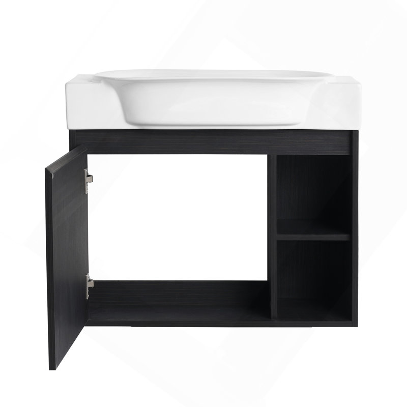 Meuble-lavabo mural 28 po avec lavabo en céramique blanche et porte à fermeture en douceur 28 po, Black