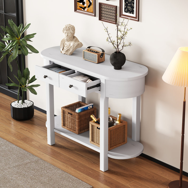 Elegant Retro Console Table With Curved Design And Smooth Glaze, White