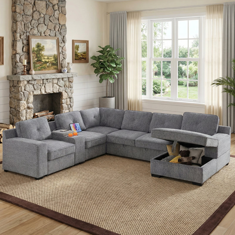 119.5" Convertible Modular Sectional Sofa Bed 2-In-1 Oversized Chenille Pull-Out Sleeper Couch With Console Armrest & USB Charging & Cup Holder & Storage Chaise