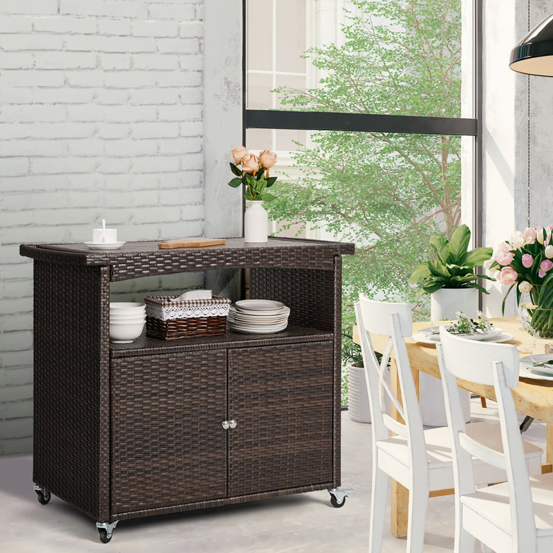 Outdoor Storage Cabinet,Outdoor Cabinet For Patio Outdoor Bar Cart With Rolling Wheels Patio Bar Table With Storage Wicker Buffet Cabinet Prep Table Kitchen Serving Cart With Door,Shelves,Handle Brown