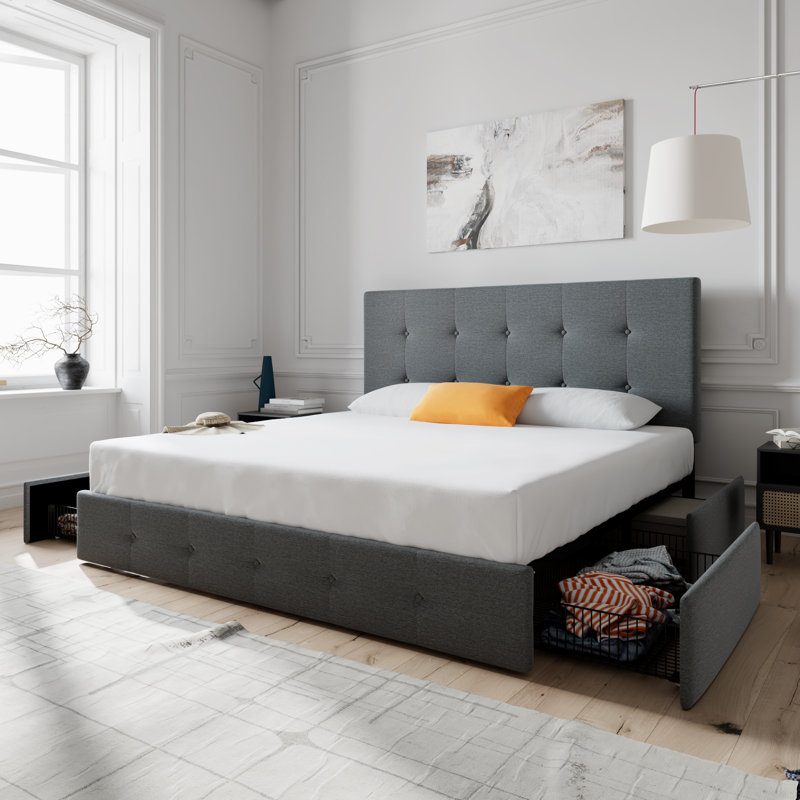Lit plateforme avec rangement 4 tiroirs et tête de lit ajustable Deyani, Complète, Gris foncé