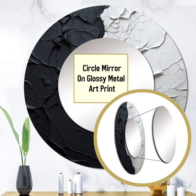 Rozerin Minimalism Black And White Paint Corner - Coastal Wall Mirror, Coastal Round Decorative Mirror, Printed Metal Art