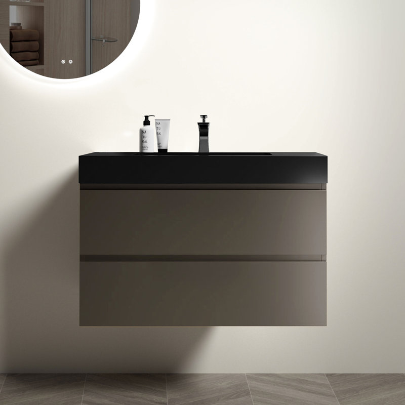 Meuble-lavabo de salle de bain 36 po avec lavabo - Gris, style moderne, rangement maximal, silencieux, montage mural, biseauté, sans poignée, élégant.