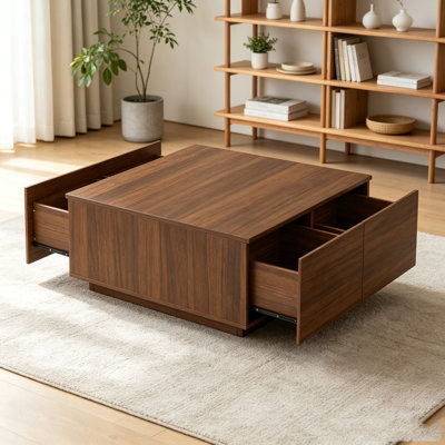Table basse 33,25 "carrée avec 4 tiroirs de rangement, centre de table moderne noyer pour le salon