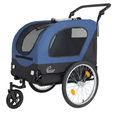 2-in-1  Bike Trailer & Pet Stroller for Dogs up to 110lbs– Foldable Pet Carrier Cart with Front Caster & 20'' Quick Release Air-Filled Wheels, Breathable Mesh and PVC Rain Cover, Dark Blue
