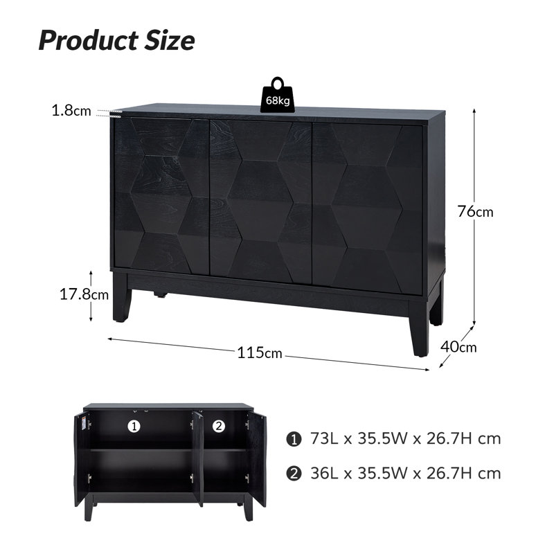Joyce 114.9cm W Modern 3-door storage Sideboard with Adjustable Shelves, Black