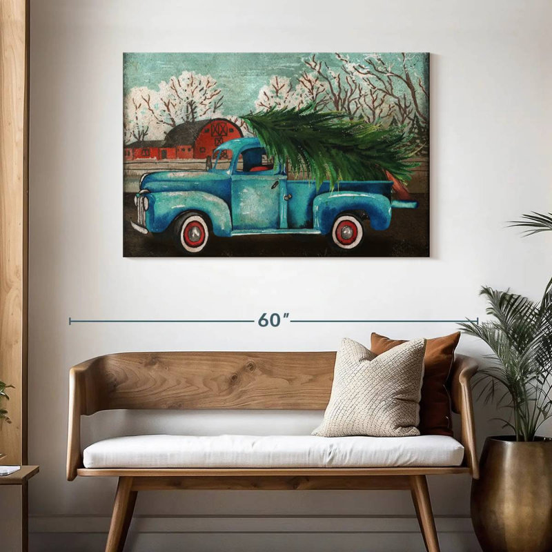 Camion bleu Mehar et arbre I, H 30 po x l 45 po