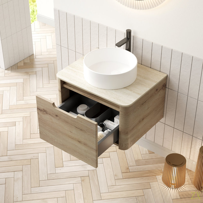 Meuble-lavabo de 24 po avec lavabo, armoire de rangement murale en contreplaqué avec tiroir, lavabo rond en céramique et plateau en pierre à motif de travertin Roma pré-assemblé