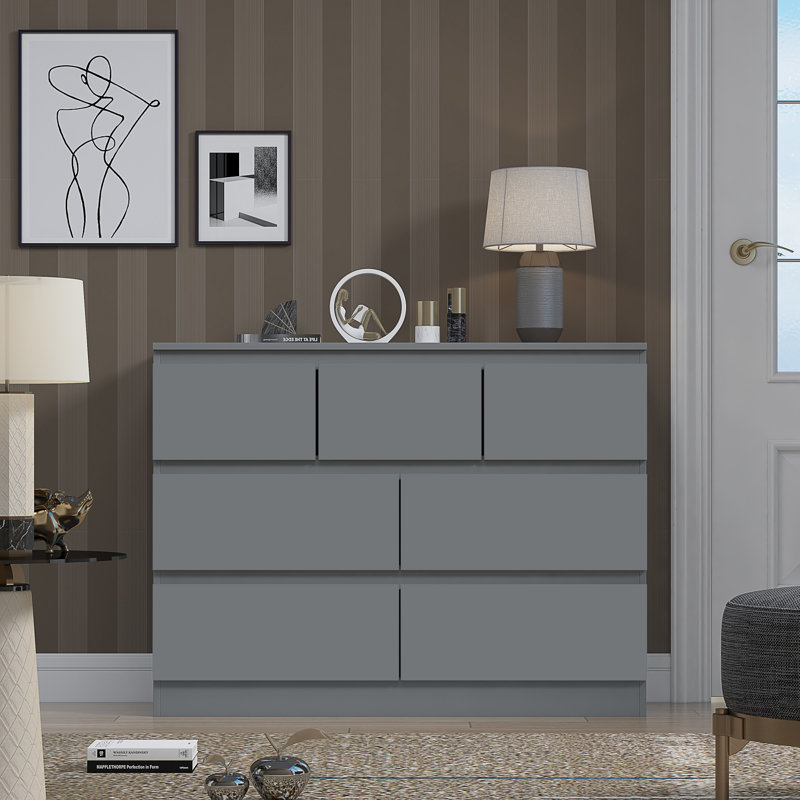 Warren 7 Drawer Merchant Chest Of Drawers: 4 + 3 Configuration. Scratch Resistant. Handleless Design. 14cm Deep Drawers, Grey