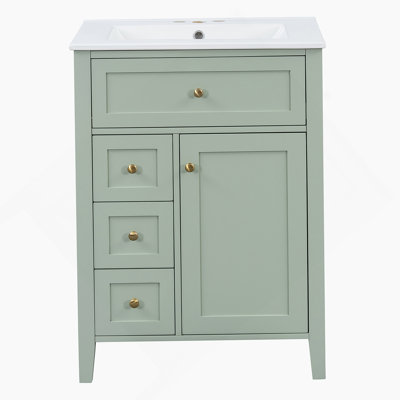 "24" Green Bathroom Vanity with Sink, MDF & Rubberwood Construction, 3 Drawers & Cabinet with Adjustable Shelves, Modern Design for Small to Medium Bathrooms"