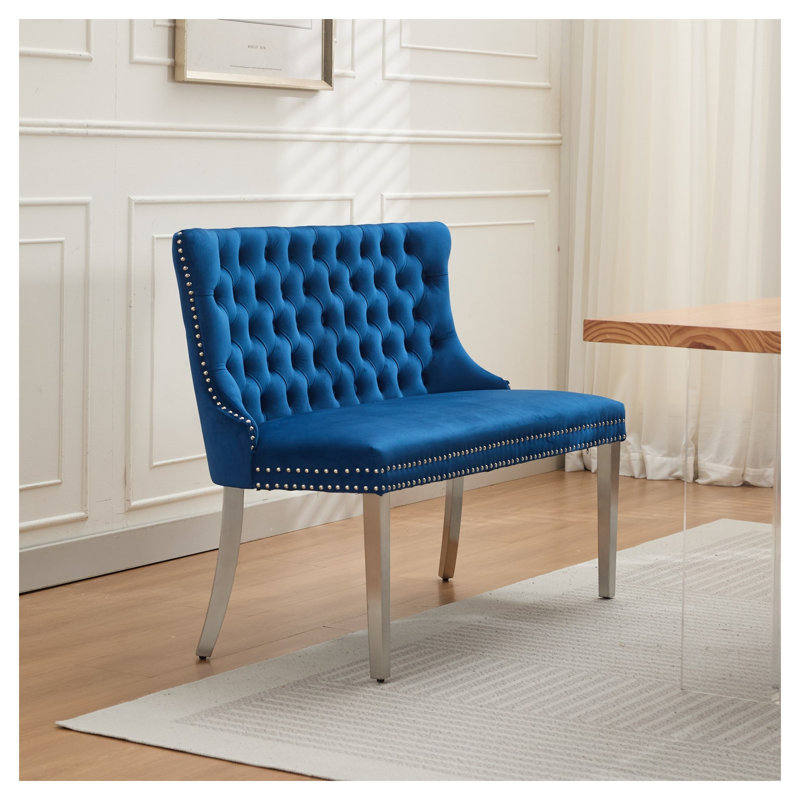 Banc de salle à manger en velours avec dossier touffeté à la main en velours bleu, Blue, Silver