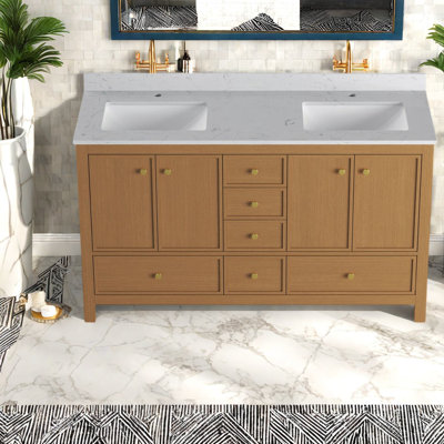 Durable Oak Wood Double Sink Vanity Cabinet With Storage