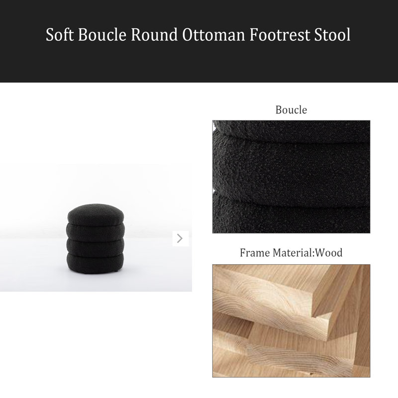 Soft Round Ottoman Footrest Stool, Black Boucle