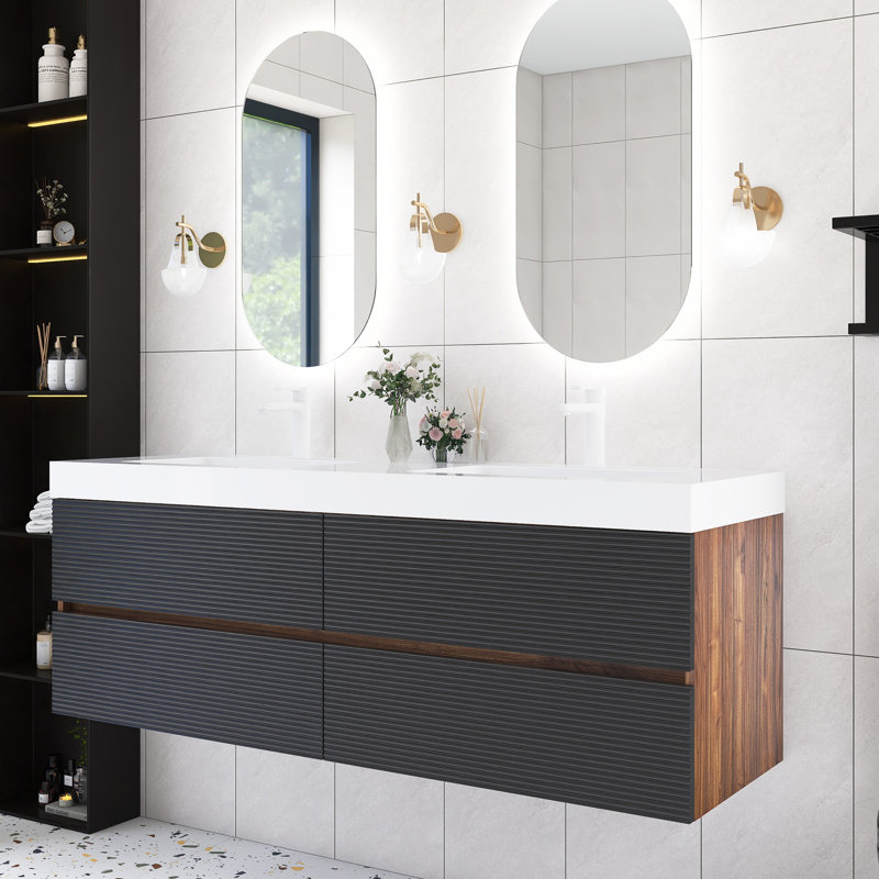 60''Wall-Mounted Double Bathroom Vanity In Brown With White Integrated Solid Surface Top