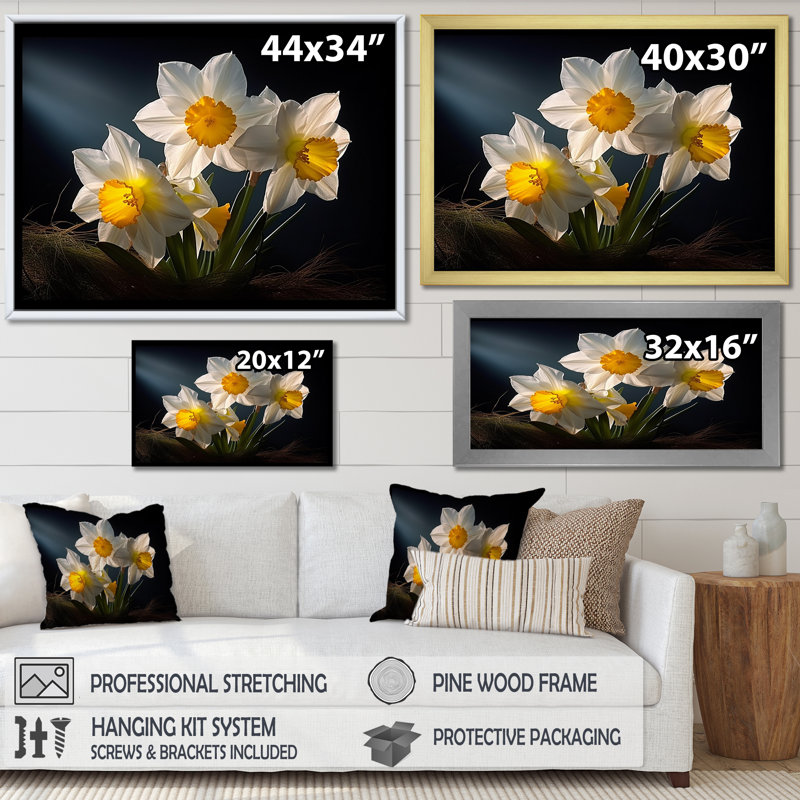 Fleur de jonquilles blanches et jaunes, Cadre simple argenté, H 24 po x l 32 po x P 1 po