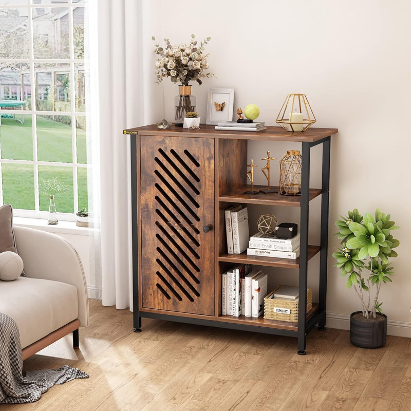 Bibliothèque industrielle avec porte à lattes et tablettes de rangement ouvertes, armoire polyvalente pour adultes
