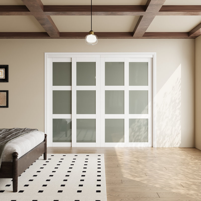 Paravent à double porte coulissante 80 po 3 pièces , Panneau de verre, L 96 po x H 80 po, Blanc