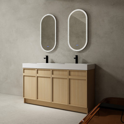 Ensemble de meuble-lavabo autoportant 60 po avec double lavabo en résine et 4 armoires à fermeture douce