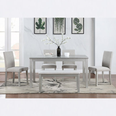 Ensemble de table de salle à manger 6 pièces en bois, table de salle à manger en bois avec 4 chaises rembourrées et banc pour 6 personnes, ensemble de table de salle à manger rectangulaire avec décoration en cristal pour la cuisine, la salle à manger