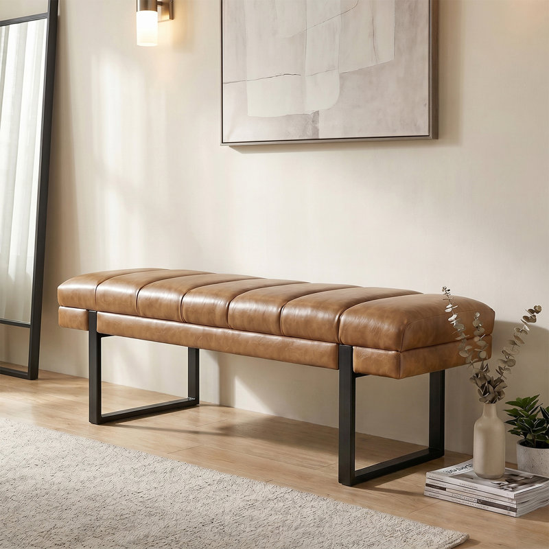 Anahli 52.5'' Wide Channel Tufted Design Vegan Leather Bench, Camel