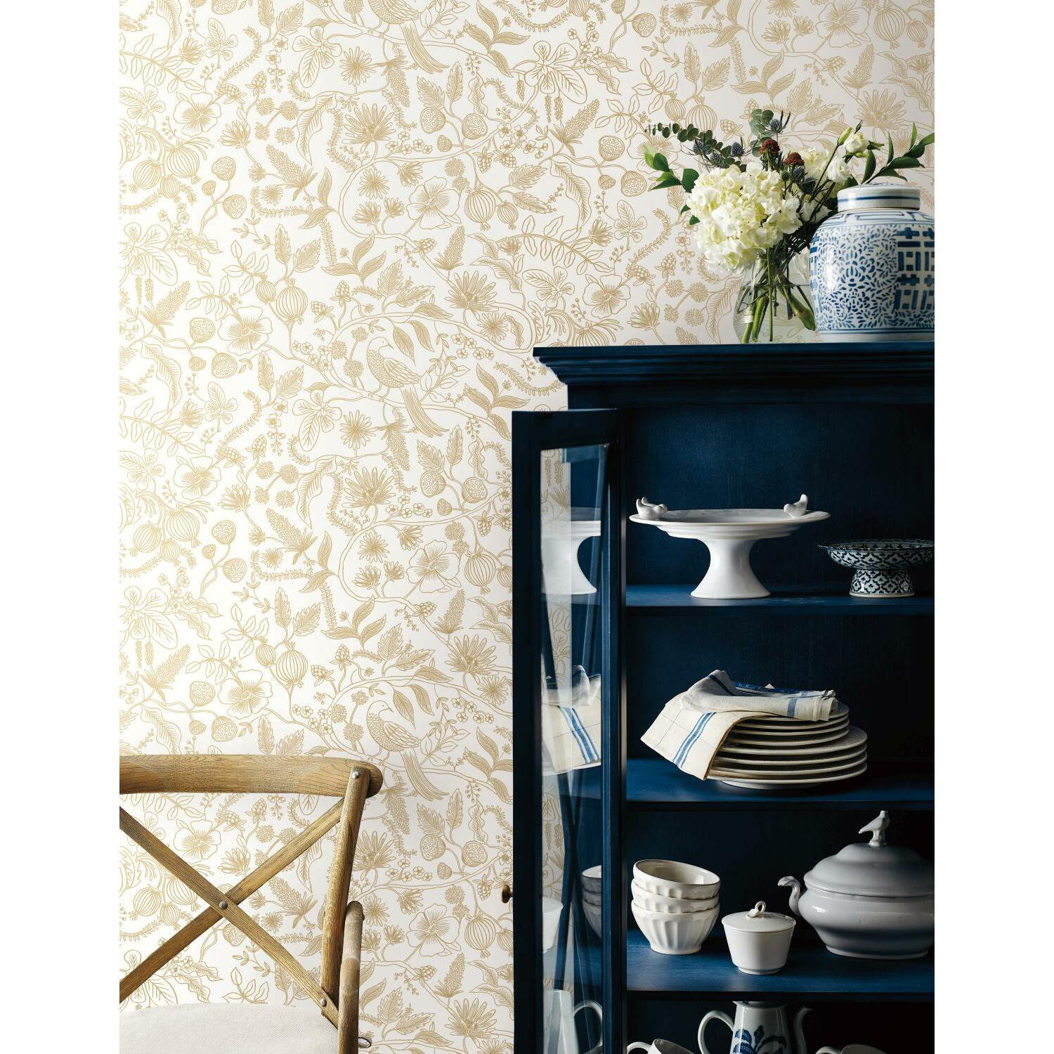 Aviary Self-Adhesive Wallpaper Roll, Off White/Gold
