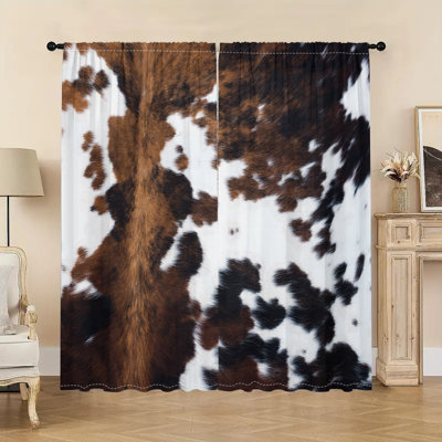 2Pcs Cowhide Pattern Curtain Panel Western Style Rod Pocket Window Drapes Brown White Cattle Print Rustic Country Farmhouse Curtains Light Filtering Panels for Living Room Bedroom Kitchen Home Decor