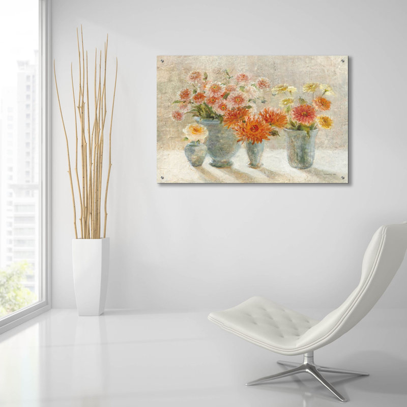  «Dahlias dans des vases» par Danhui Nai, art mural en verre acrylique, 36 po x 24 po