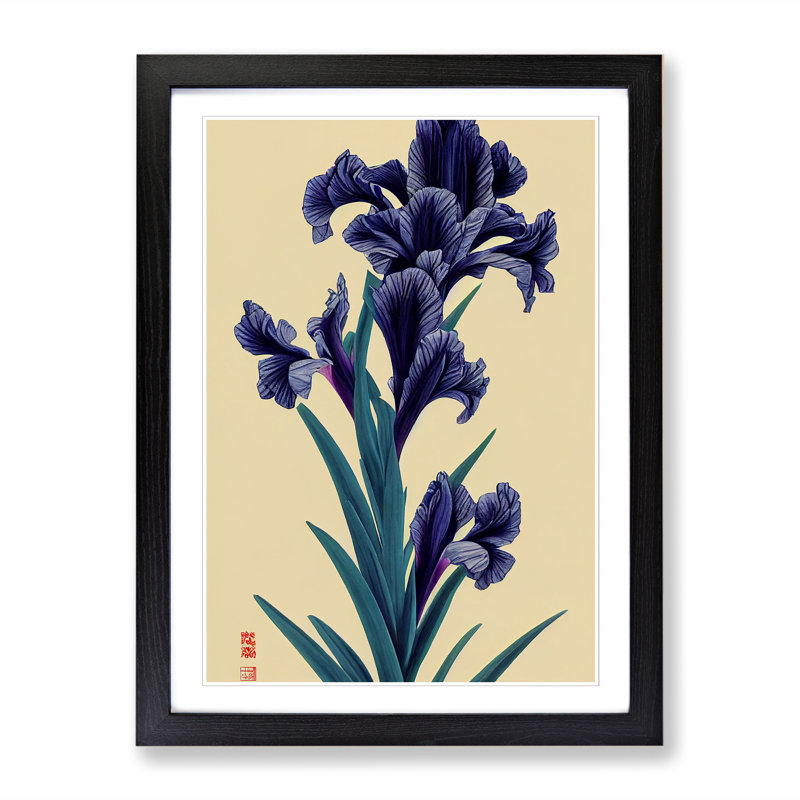 Parrella Iris Flower Japanese - Picture Frame Print, 34cm H x 25cm W x 2cm D, Walnut