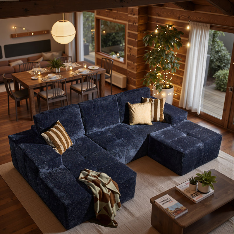 114.5''  L-Shaped Cloud Sectional Sofa with Chaise & Ottoman, Blue, Left Hand Facing