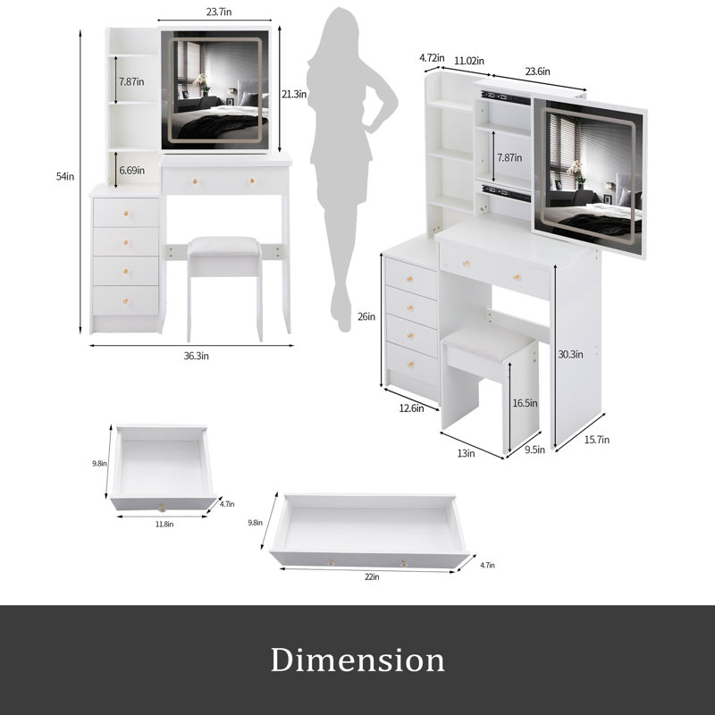 37" Middle Size Left Drawer Desktop Vanity Table + Cushioned Stool, Large Sliding, Touch Control, Tri-Color Switching, Brightness Adjust LED Mirror, High Capacity Storage, Suitable For Large Space