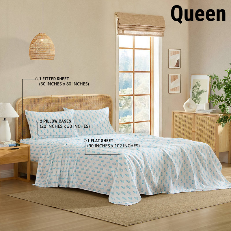 HLC.ME Floral Bed Sheets - Wrinkle Resistant & Ultra Soft - Fits Mattresses up to 15 Inches Deep (Blue), Queen Sheet Set