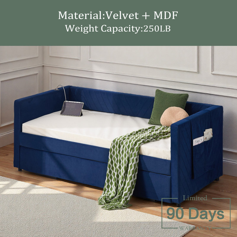 Twin Size Upholstered Daybed With Trundle,USB Port ,Side Pockets, Modern V-Grained Backrest Design,No Box Spring Needed, For Bedroom, Guest Room