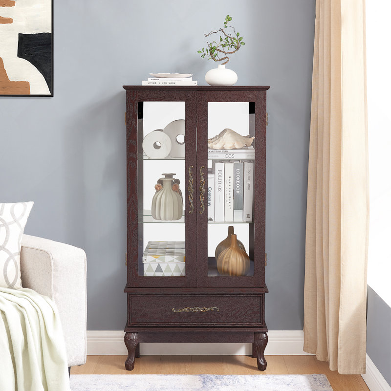 Curio Cabinet Lighted Glass Cabinet Glass Wine Cabinet Curio Display Cabinet with Adjustable Glass Shelves 2 Doors and 1 drawer Cabinet Sideboard With Bulb Included