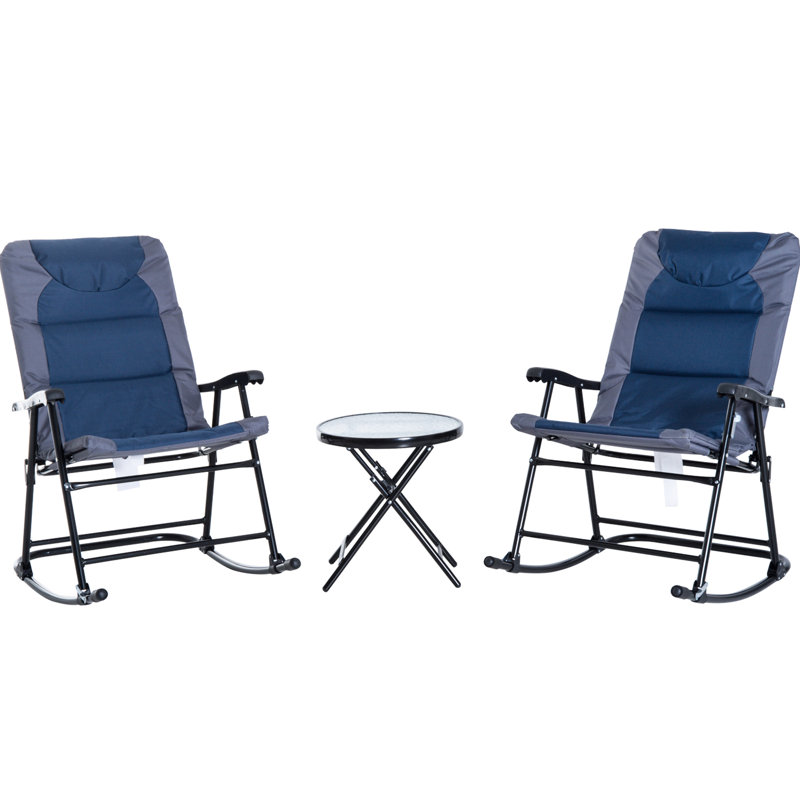 Mobilier de jardin extérieur avec 2 chaises berçantes pliantes et table en verre, style bistro, porche, camping, balcon, utilisation durable, bleu, pour