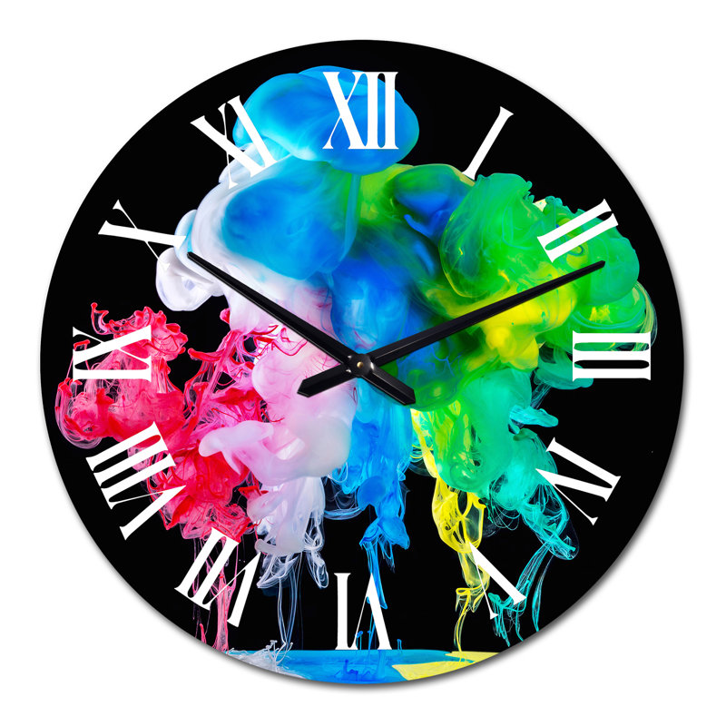 Rouge, bleu, vert, encre liquide, art sur fond noir - horloge murale moderne, Moyen