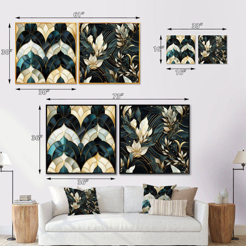 Ensemble de 2 carrés dorés Art Deco Glamour Bliss - Abstract Botanicals Square, Toile tendue, H 16 po x l 33 po