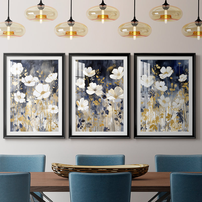 FLORAL Series CCDCLXXVI - Impression sur mesure de qualité supérieure avec mat - 3 pièces, H 21 po x l 30 po, Noir