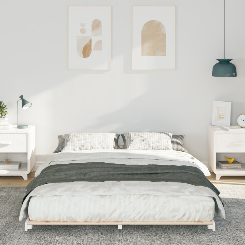 Floor Bed Frame Solid Pine Wood, European Kingsize (160 x 200 cm), White